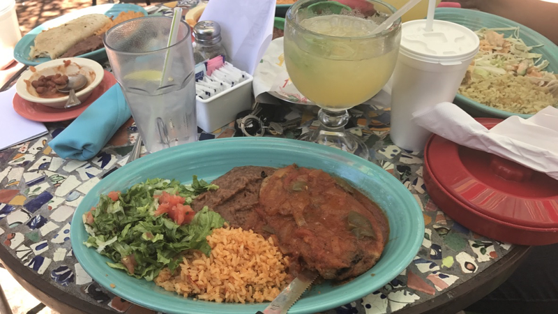 Perfect lunch: chile relleno outside with a big fat margarita.